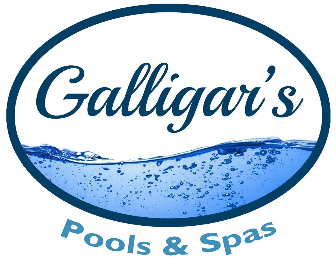 Galligar’s Pools & Spas logo featuring blue water inside an oval shape with the business name in bold script.